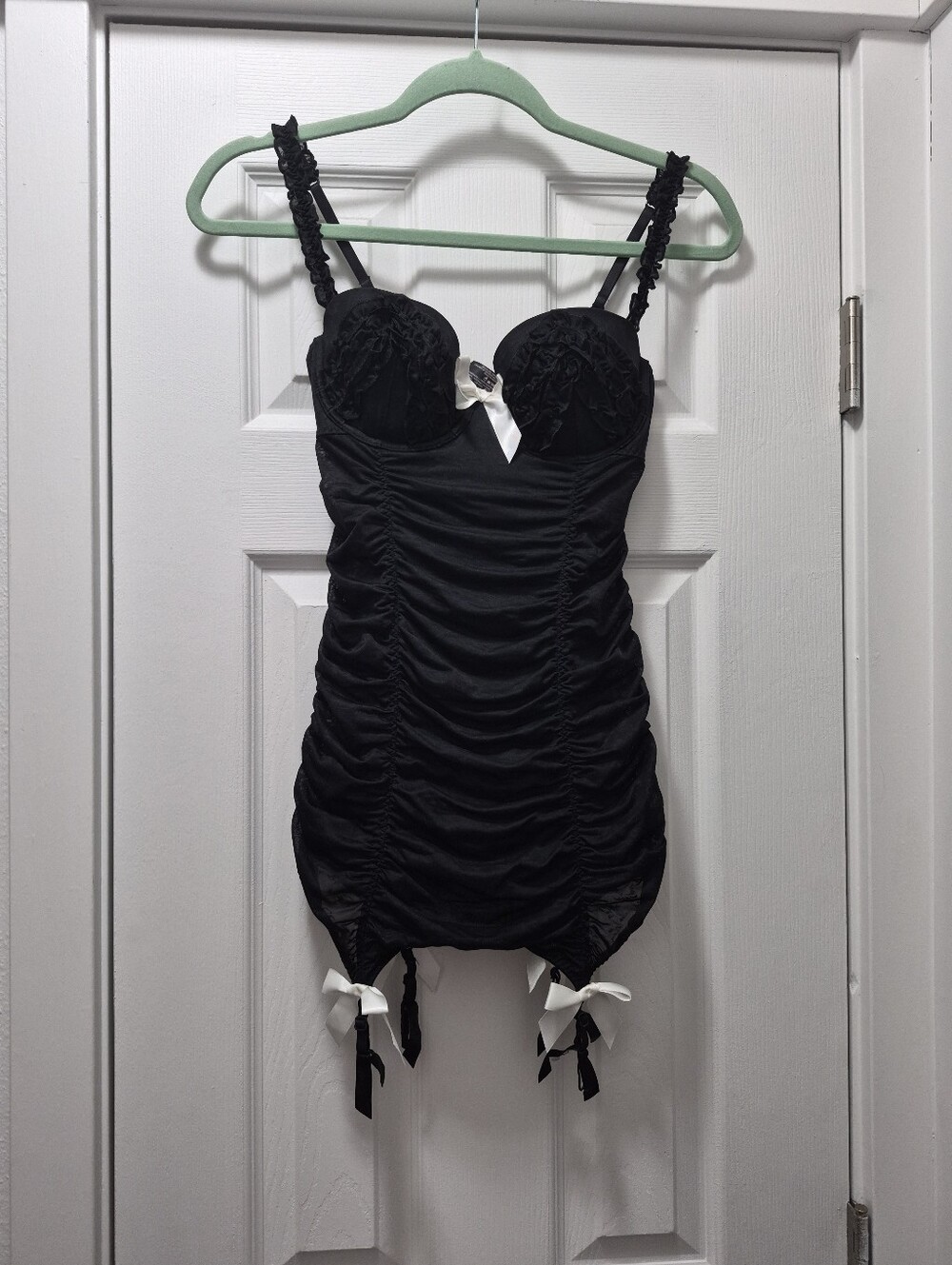 Black Ruched Bustier Dress with Bow Accents